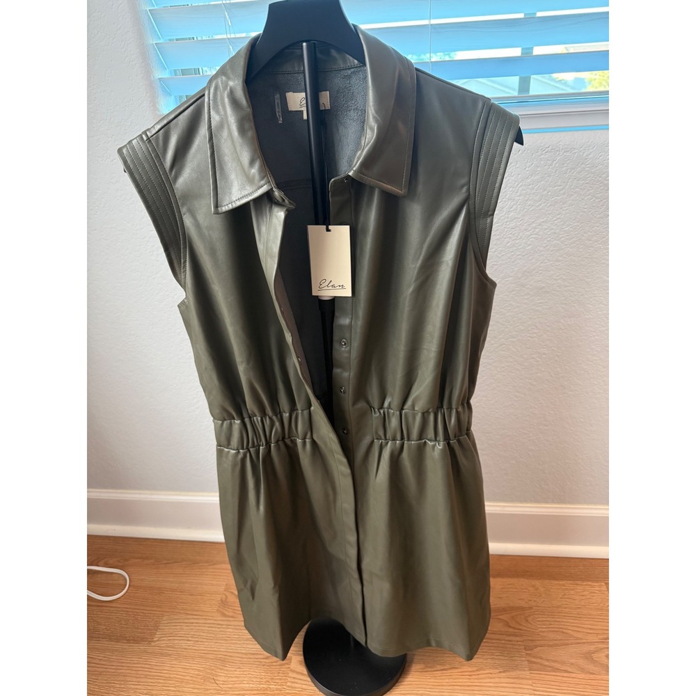 Elan Olive Green Faux Leather Sleeveless Mini Dress Snap Front XL FL50153